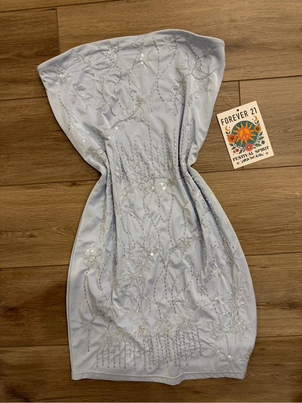 Blue Sequined Strapless Dress